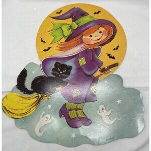 Vintage 1980's Halloween Witch Black Cat on Broom Flocked Diecut Cutout Decor
